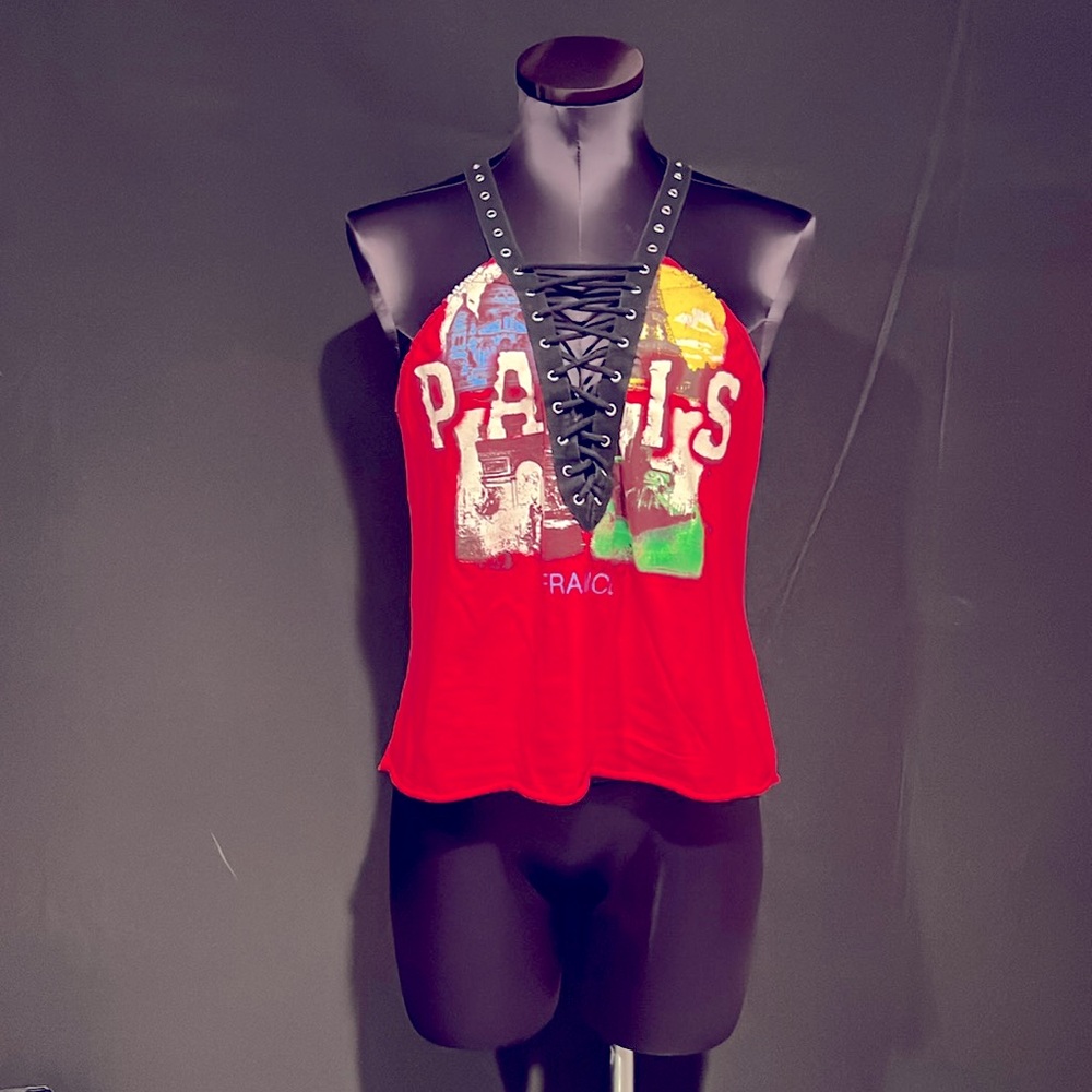 First of a kind red lace up sleeveless top!